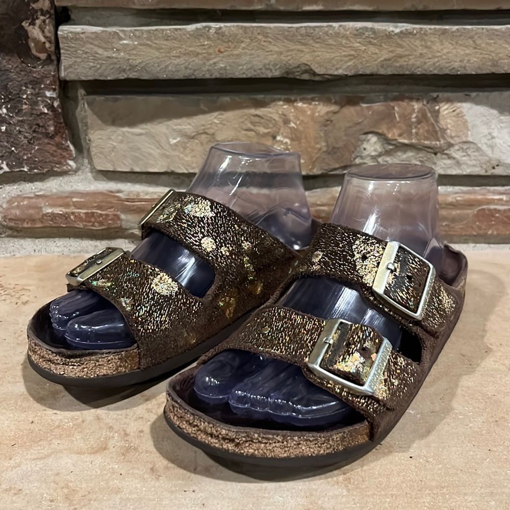 Birkenstock Arizona Sandal Brown and Gold Metallic Suede